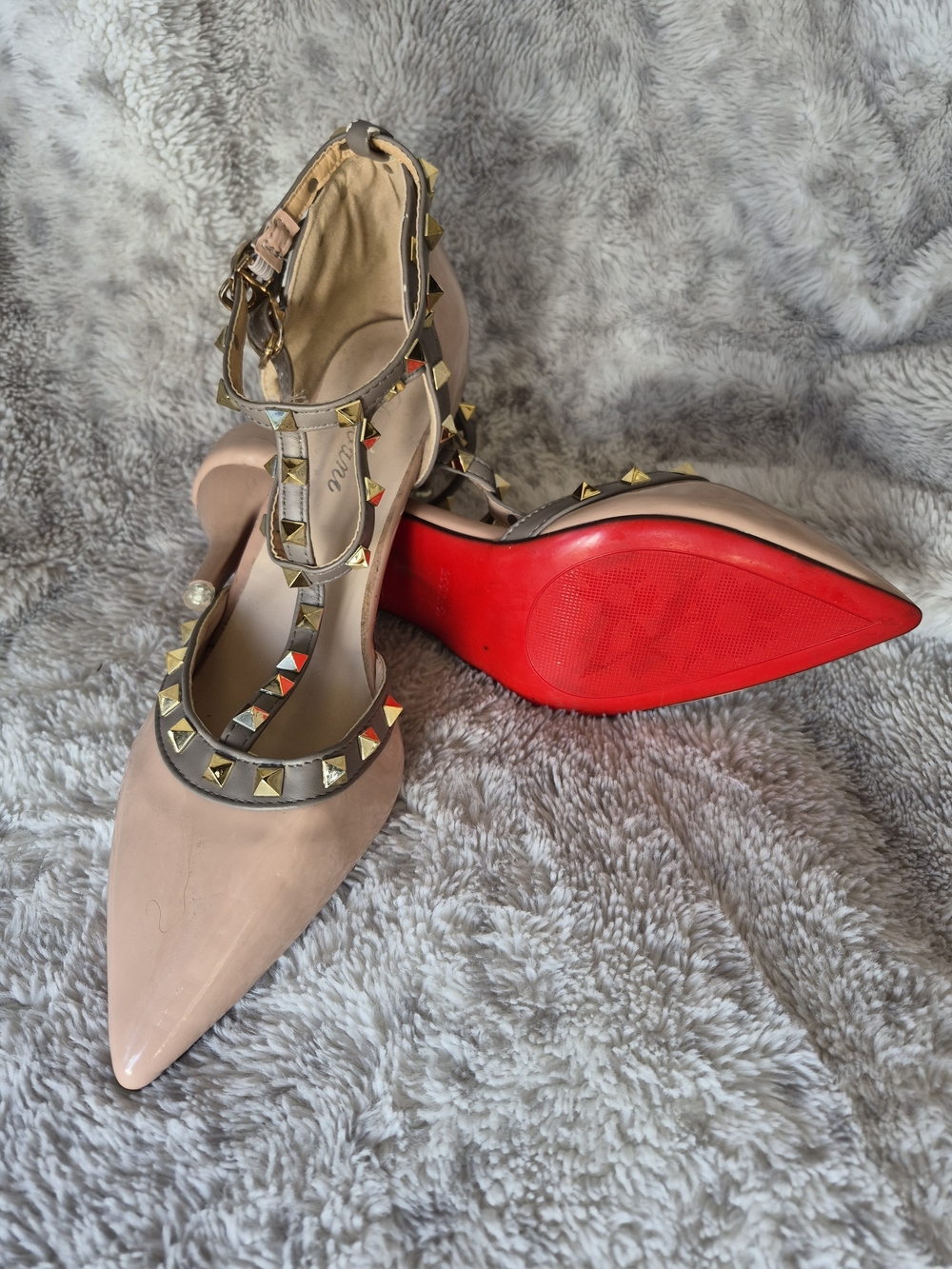 Pointed T-Strap Studded Heels in Blush Pink